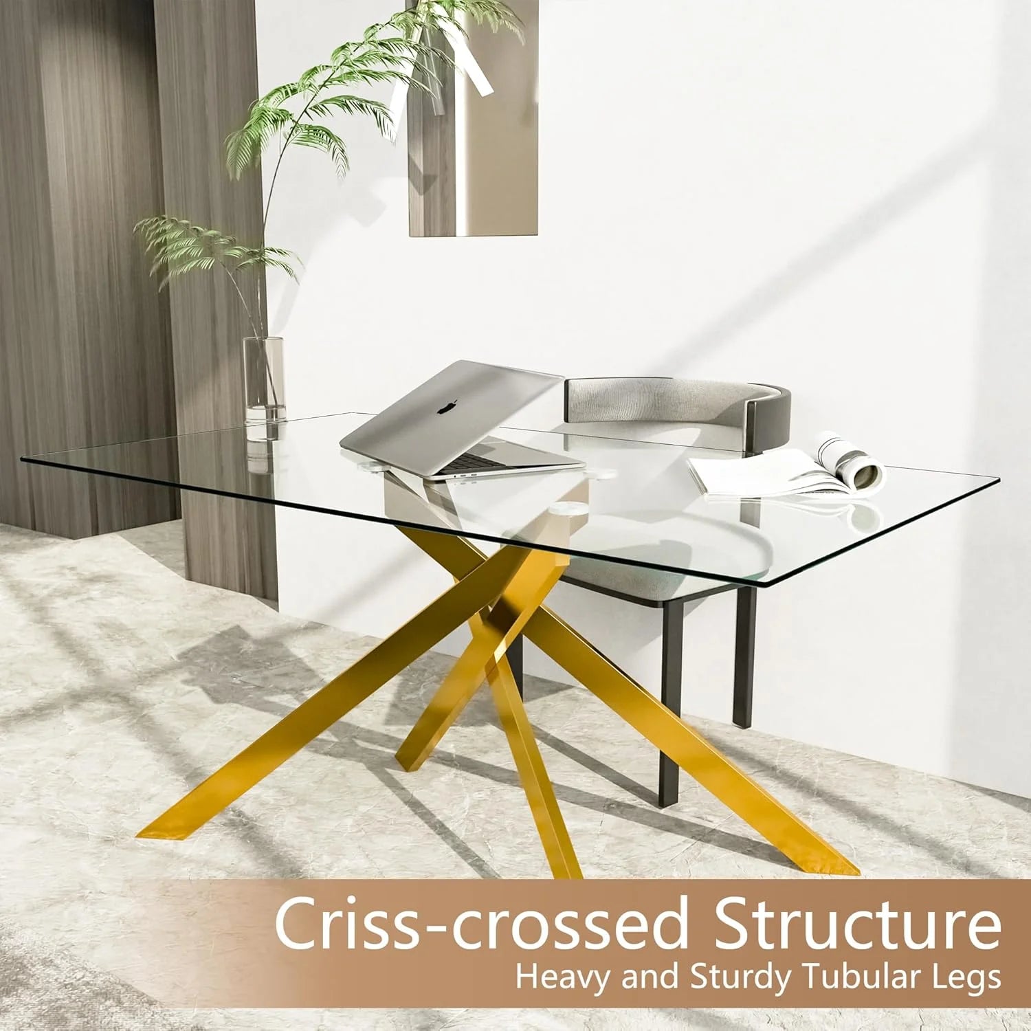 Glass Dining Table for 4 People, 51.2 Inches Rectangular Glass Kitchen Table with Golden Steel Legs, Modern Dining Room Table for Dinner Kitchen Dining Room
