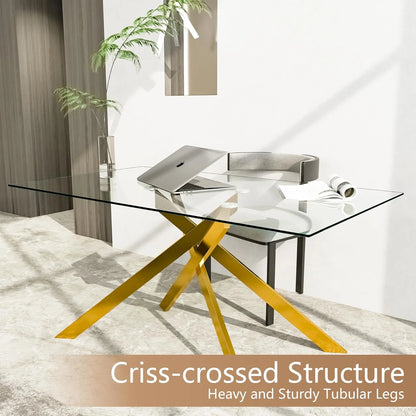 Glass Dining Table for 4 People, 51.2 Inches Rectangular Glass Kitchen Table with Golden Steel Legs, Modern Dining Room Table for Dinner Kitchen Dining Room