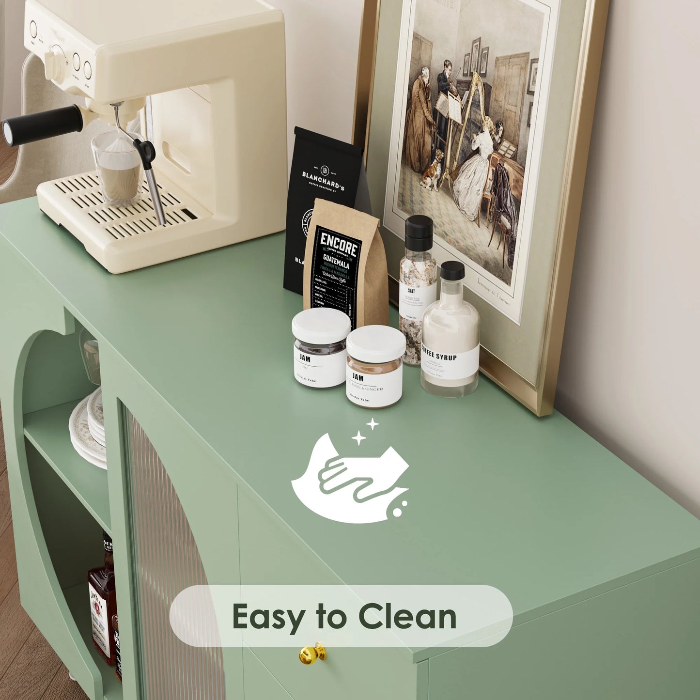Homfa Coffee Bar Cabinet with 3 Drawers & Glass Door, Modern Buffet Sideboard Bar Table for Dining Room, Green