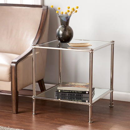 Ember Interiors Parell Glam Metal and Glass End Table, Metallic Silver