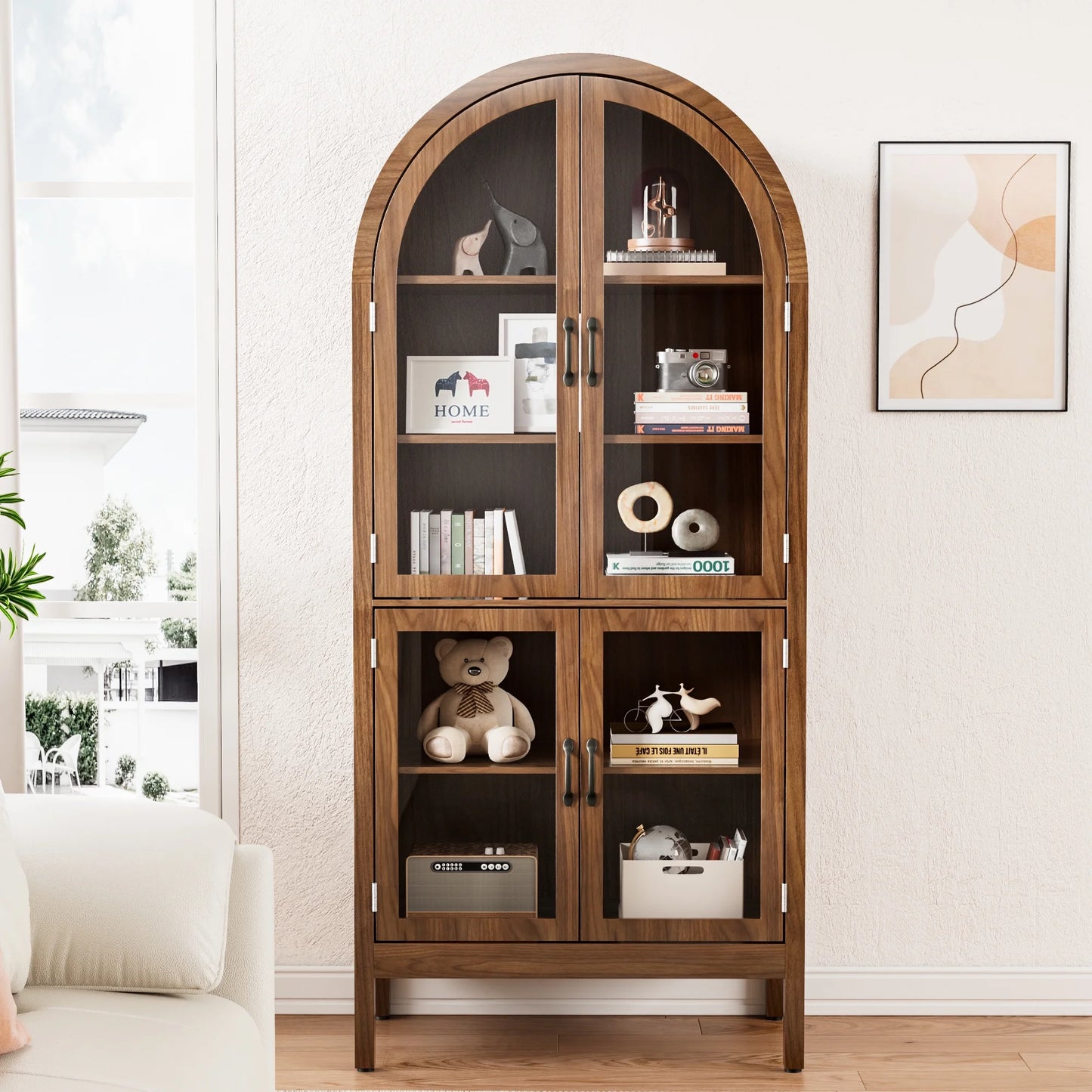 Tall Arched Storage Display Cabinet 5-Shelf with Acrylic Glass Doors, Kitchen Pantry Storage Cabinet Accent Cabinet Bookcase for Living Dining Room