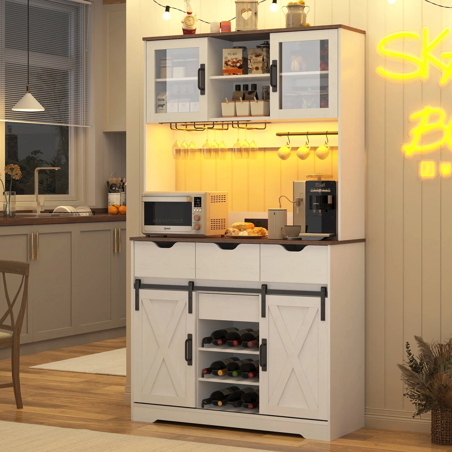 72" Tall Kitchen Pantry with LED Light & Power Outlet & Wine Rack, Large Pantry Hutch Cabinet with Sliding Barn Door & Glass Doors & 4 Drawers