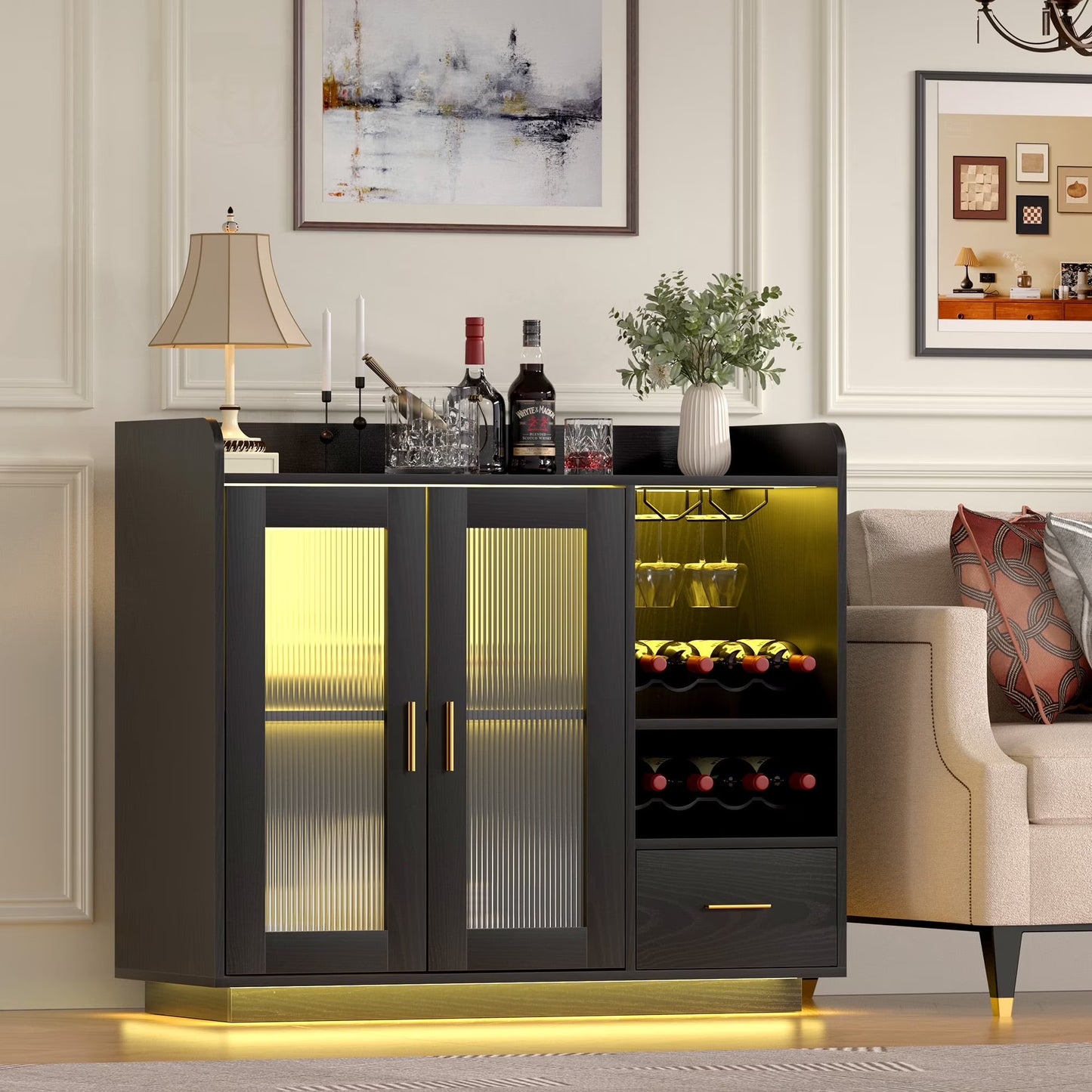 SNYNUXX Wine Bar Cabinet with LED Lights, Floating Coffee Bar Cabinet with Wine and Glass Rack, Kitchen Buffet Sideboard with Glass Doors and Drawers for Dining Room, Black