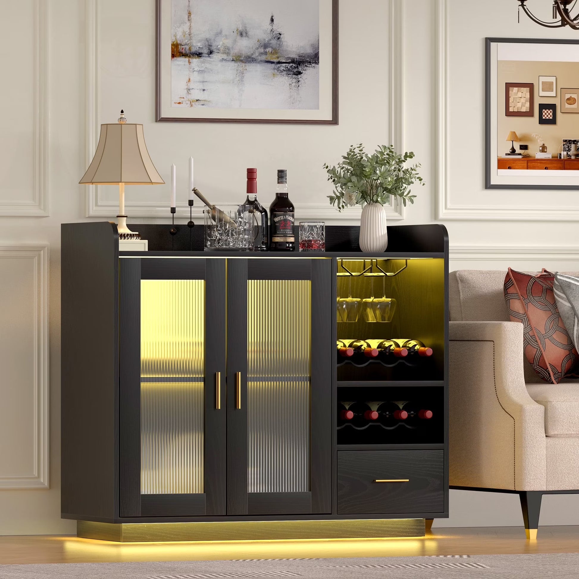 SNYNUXX Wine Bar Cabinet with LED Lights, Floating Coffee Bar Cabinet with Wine and Glass Rack, Kitchen Buffet Sideboard with Glass Doors and Drawers for Dining Room, Black