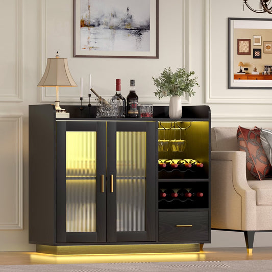 SNYNUXX Wine Bar Cabinet with LED Lights, Floating Coffee Bar Cabinet with Wine and Glass Rack, Kitchen Buffet Sideboard with Glass Doors and Drawers for Dining Room, Black