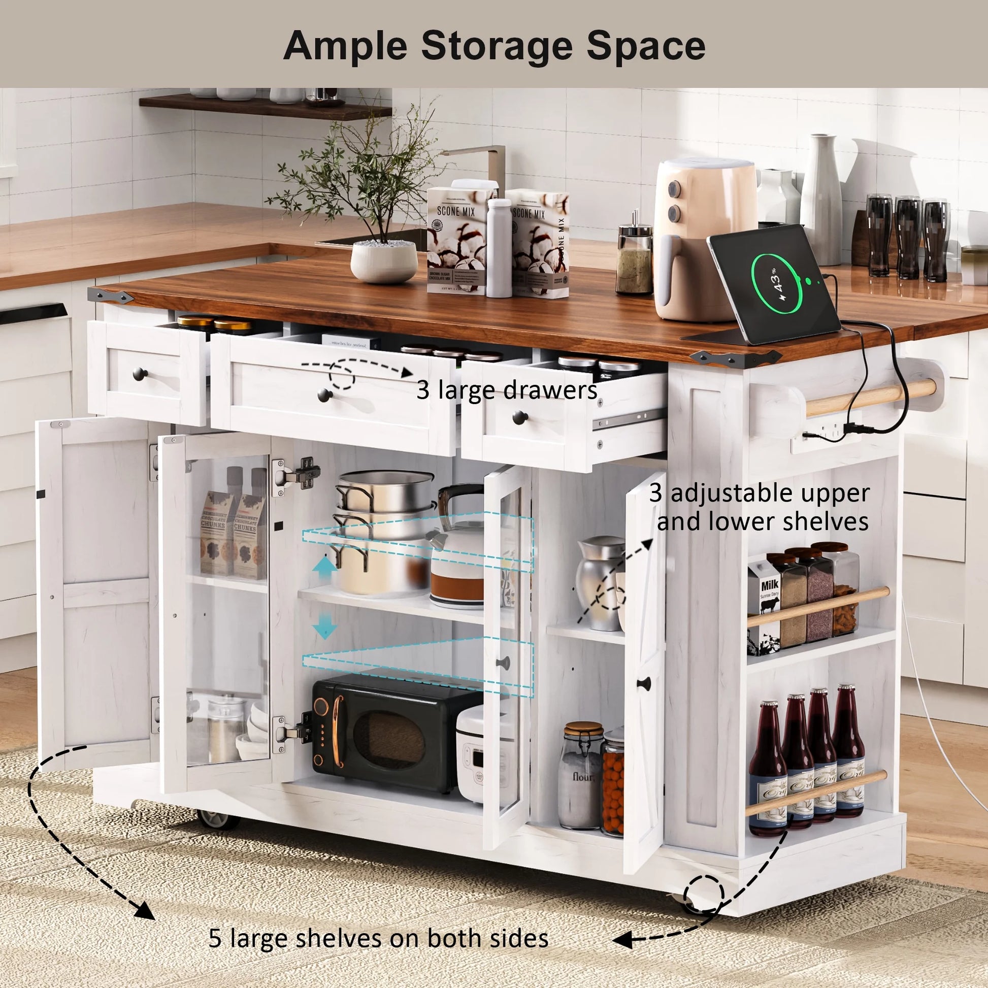 Euroco 53'' Farmhouse Kitchen Island with Two Tempered Glass Cabinet DoorsRolling Kitchen Cart on Wheels