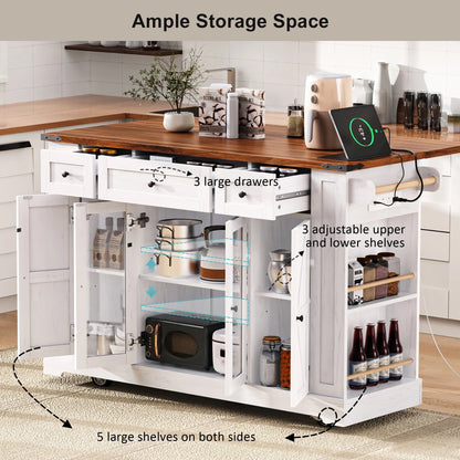Euroco 53'' Farmhouse Kitchen Island with Two Tempered Glass Cabinet DoorsRolling Kitchen Cart on Wheels