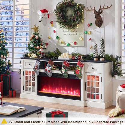 T4TREAM Fireplace TV Stand for 80 Inch TV, Farmhouse Highboy Entertainment Center with 36" Electric Fireplace, LED Lights, Glass Door Cabinet & Storage Drawer, White