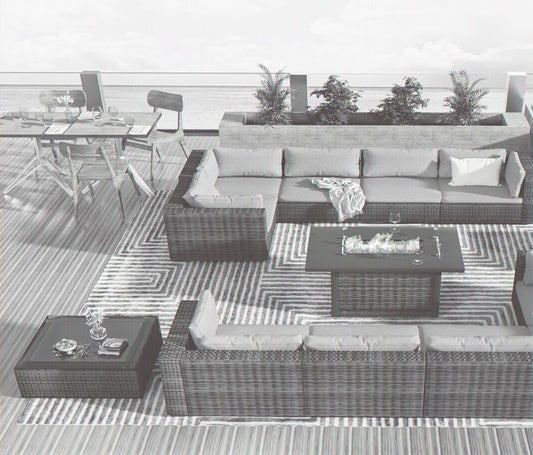 TANGJEAMER 13 Pieces All-Weather PE Rattan Sectional Sofa with Cushions,Glass Table and Fire Pit Table for Party and Family Gathering(Grey cushions)