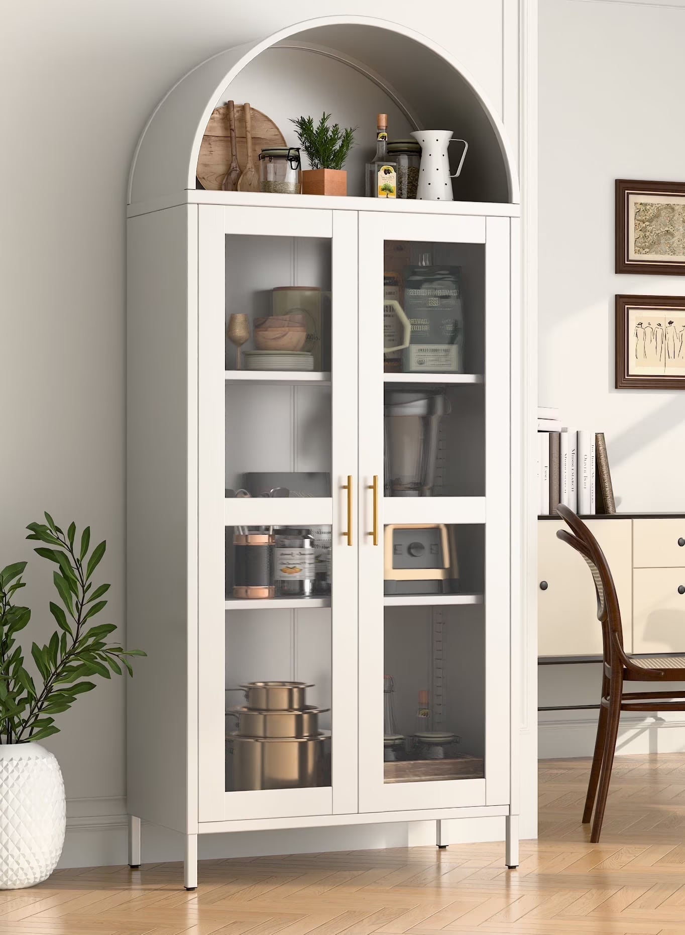 SUXXAN Metal Arched Storage Display Lockable Cabinets with Glass Doors and Adjustable Shelves, Assembly Required, Black
