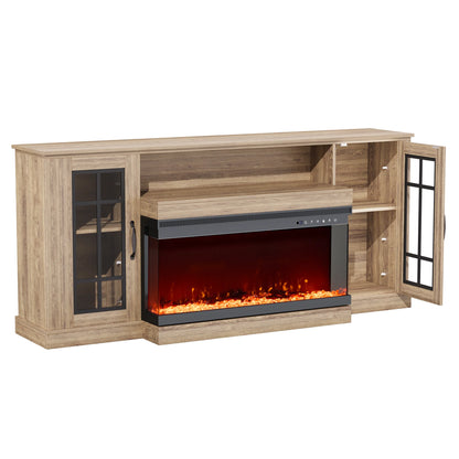 MELLCOM 70" 3 Sided Glass Fireplace TV Stand, Modern Media Console with Storage Side Cabinet, Fits TVs up to 80", Electric Fireplace TV StandWalnut Color
