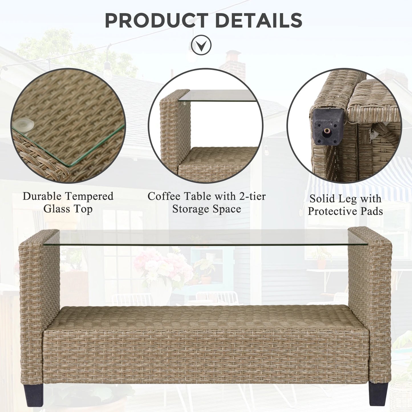 Rattan Patio Sofa Set, 4 Pieces Outdoor Sectional Furniture, All-Weather PE Rattan Wicker Patio Conversation, Cushioned Sofa Set with Glass Table for Patio Garden Poolside Deck