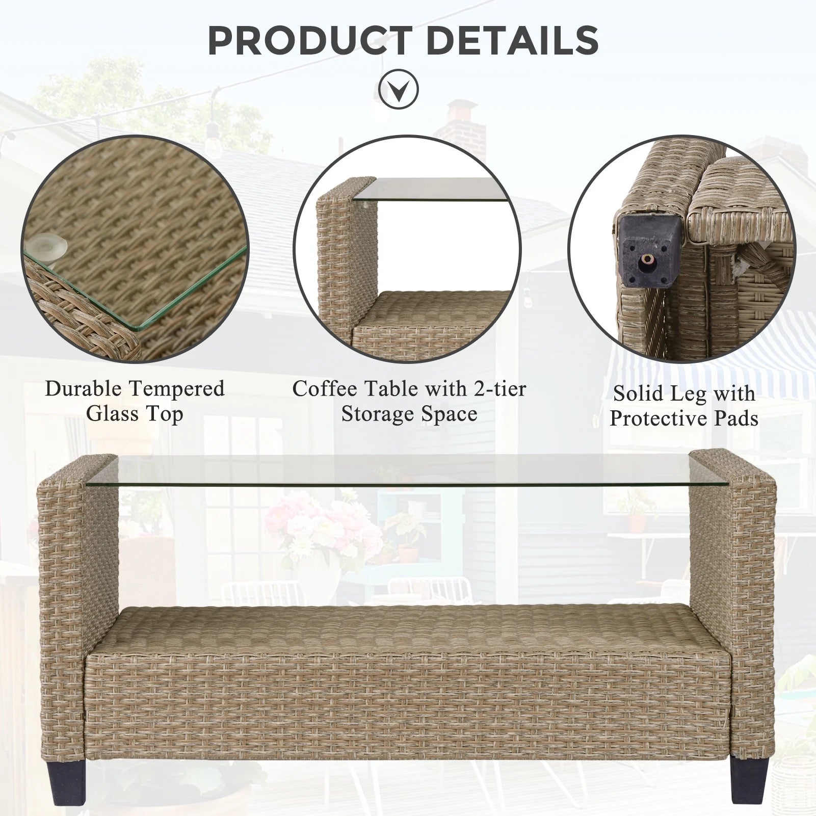 Rattan Patio Sofa Set, 4 Pieces Outdoor Sectional Furniture, All-Weather PE Rattan Wicker Patio Conversation, Cushioned Sofa Set with Glass Table for Patio Garden Poolside Deck