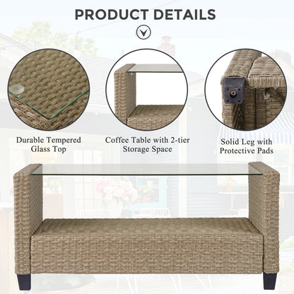 Rattan Patio Sofa Set, 4 Pieces Outdoor Sectional Furniture, All-Weather PE Rattan Wicker Patio Conversation, Cushioned Sofa Set with Glass Table for Patio Garden Poolside Deck
