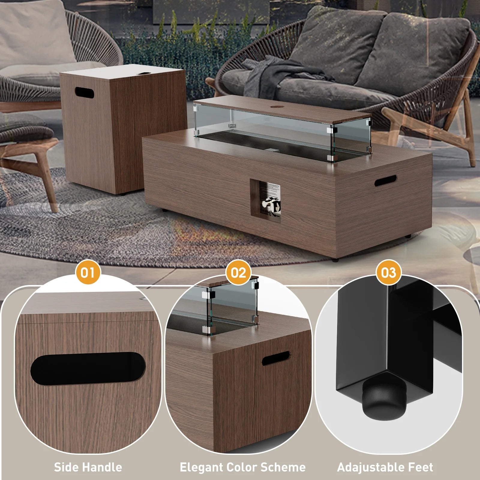 WFUN 43" Outdoor Propane Fire Pit Table with Glass Wind Guard & Cover for Garden, Pool, Backyard, CSA certification, Brown
