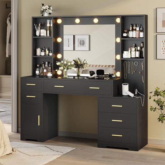 Makeup Vanity Desk with Lighted Mirror & Charging Stations & 6 Drawers Large Vanity Table Bedroom Dressing Table with Glass Tabletop& Side Cabinet& Glass Tabletop, Black