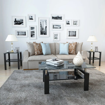 Black Glass Coffee Table Set of 3 Piece, Living Room Table Set of 3, Black Coffee Table and End Coffee Table Sets, Metal Frame (All Black A, Set of 3)