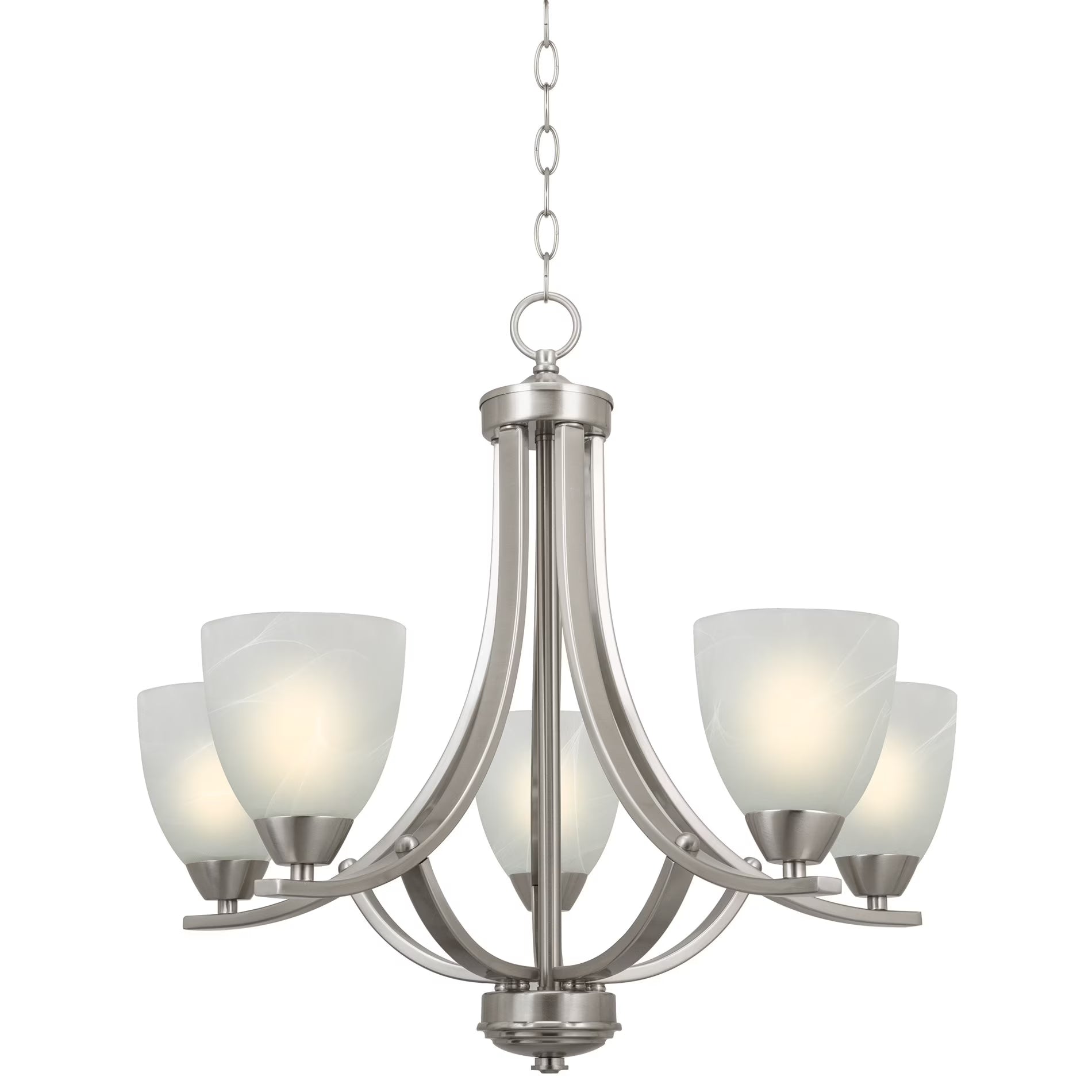 Kira Home Weston 24" 5-Light Hanging Chandelier + Alabaster Glass Shades, Adjustable Chain, Brushed Nickel