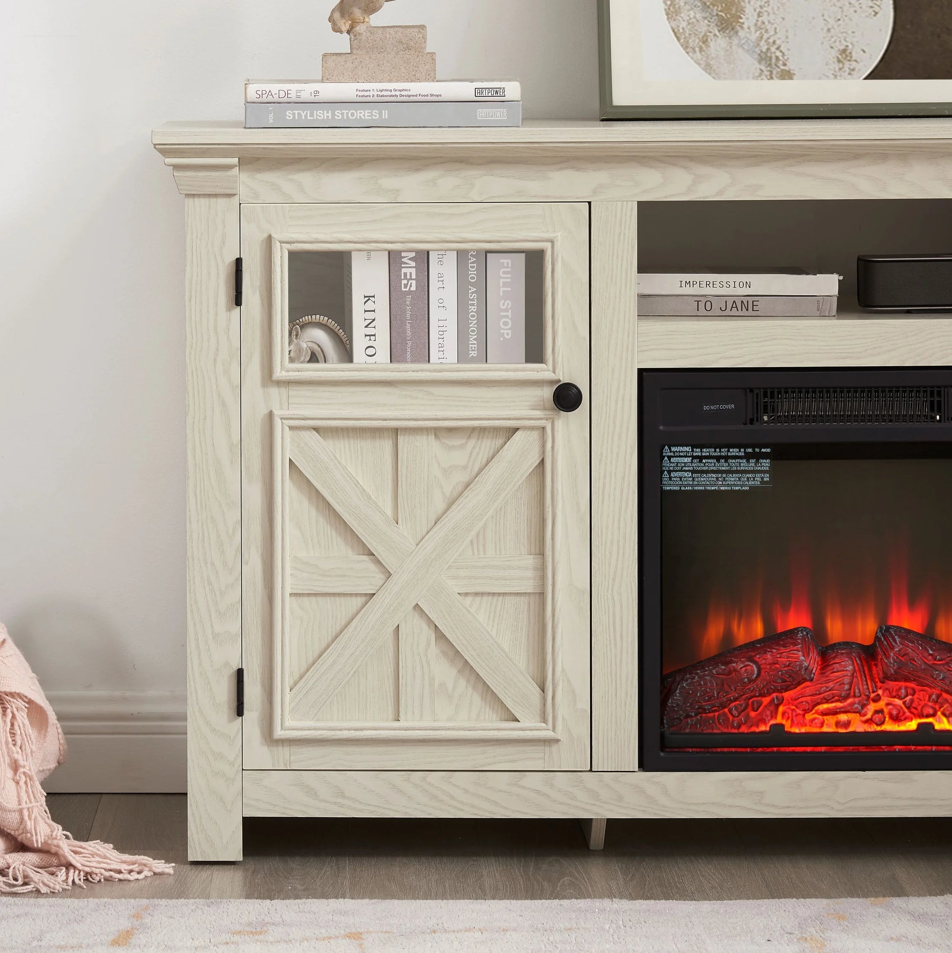 60" Farmhouse Fireplace TV Stand for TVs up to 70 inch, Entertainment Center with 18" Electric Fireplace,Rustic TV with Glass Barn Doors for Living Room, Adjustable Shelf