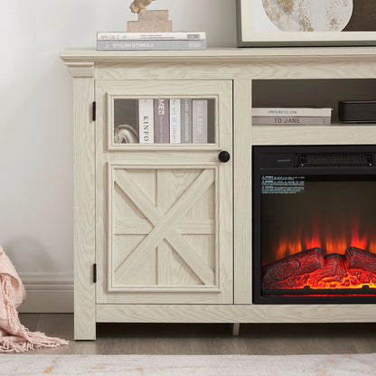 60" Farmhouse Fireplace TV Stand for TVs up to 70 inch, Entertainment Center with 18" Electric Fireplace,Rustic TV with Glass Barn Doors for Living Room, Adjustable Shelf