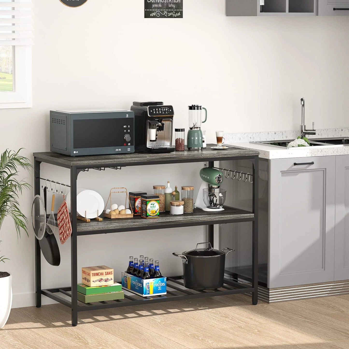 Homieasy Kitchen Island with Wine Glass Holder, Industrial Wood and Metal Coffee Bar Rack, 3 Tier Spacious Prep Table Extended Counter with Hooks Easy to Assemble, Gray Oak