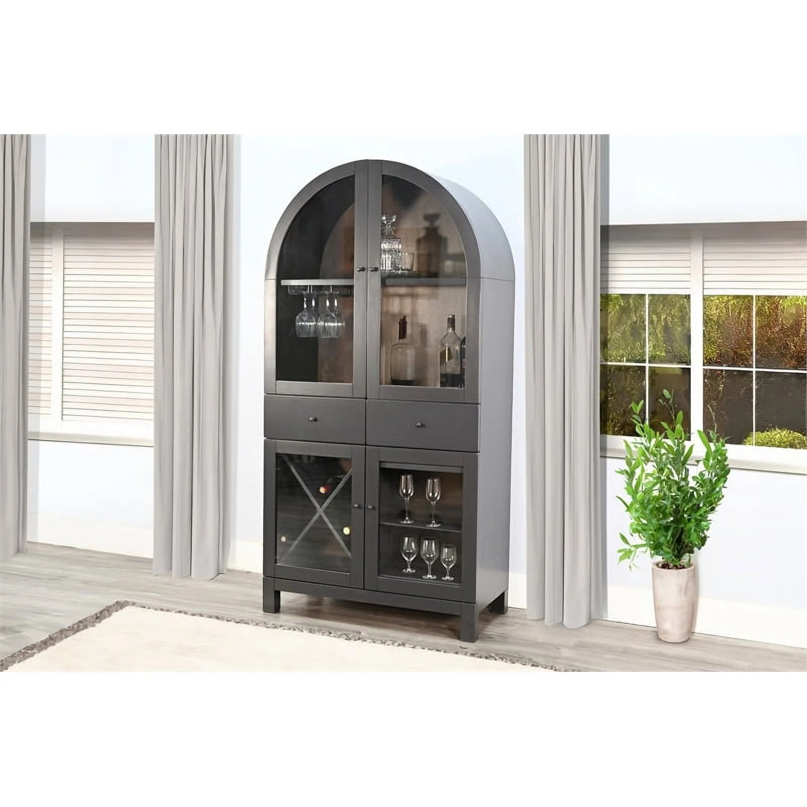 Sunny Designs Arched Wood Wine Bar Cabinet with Built-in Stemware Rack for Wine Glasses
