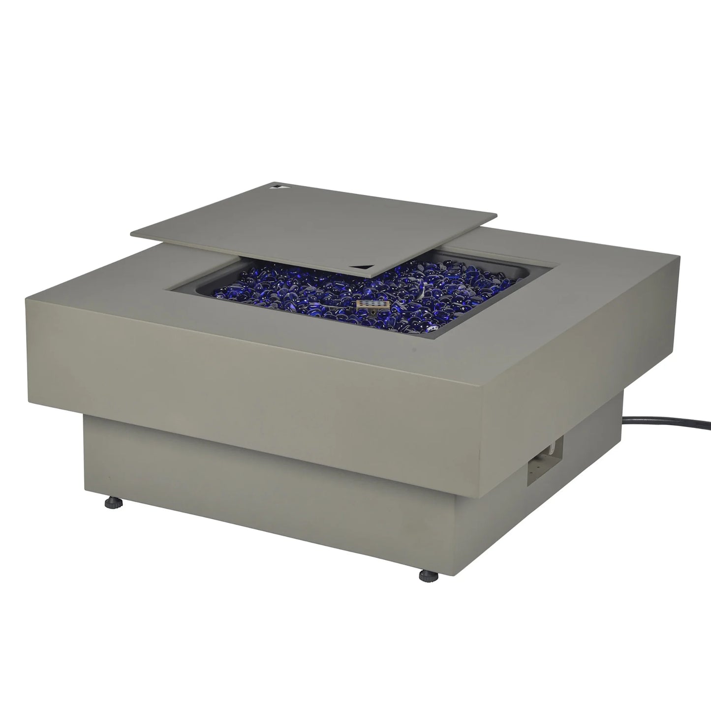 BAIDE HOME 32.5" Square Steel Low Profile Gas Fire Pit Table, 50,000 BTU Outdoor Propane Fire Pit with Lid, Glass Rocks, Cover, Pre-attached 10ft Propane Hose