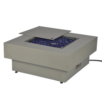 BAIDE HOME 32.5" Square Steel Low Profile Gas Fire Pit Table, 50,000 BTU Outdoor Propane Fire Pit with Lid, Glass Rocks, Cover, Pre-attached 10ft Propane Hose
