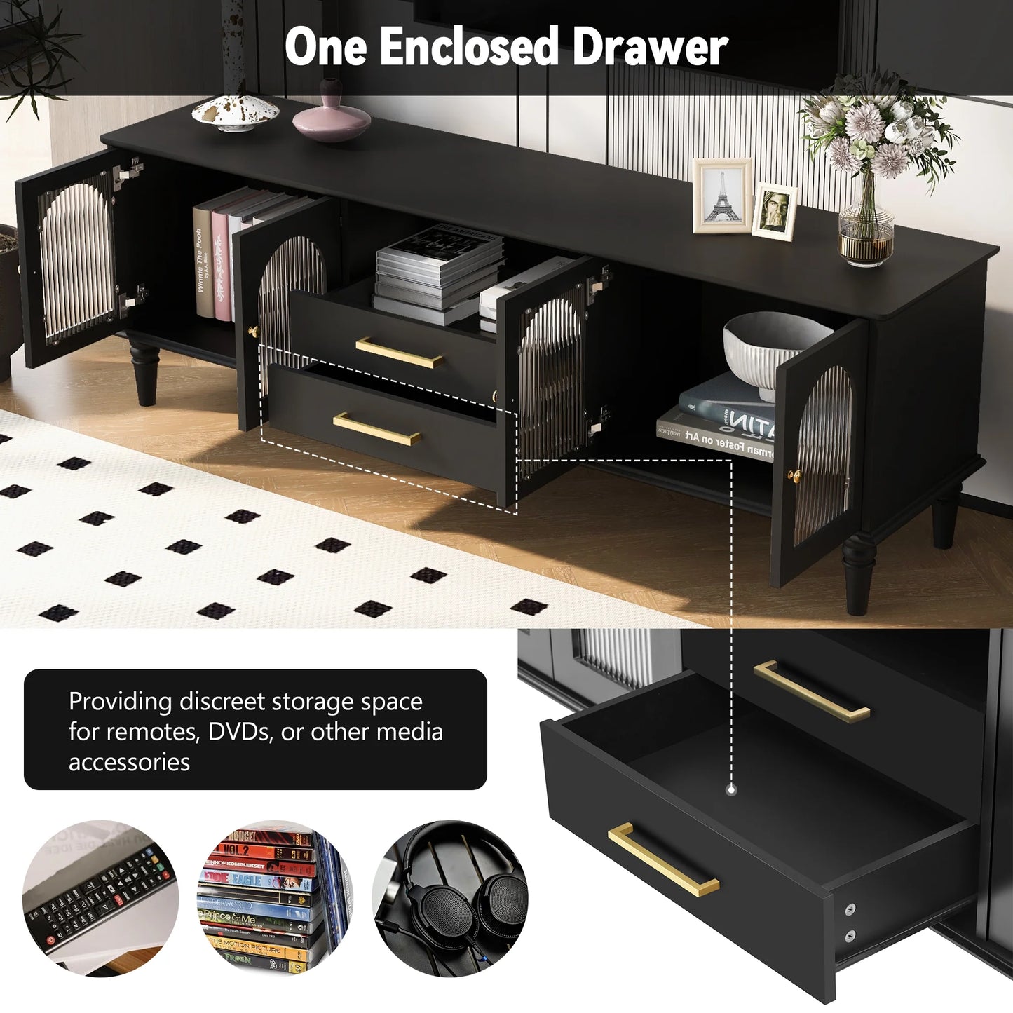 Harper & Bright Designs TV Stand with Fluted Glass Doors for 75 inch TV, TV Storage Cabinet Table with Drawers, Wood Media Console Table with Solid Wood Legs for Living Room, White
