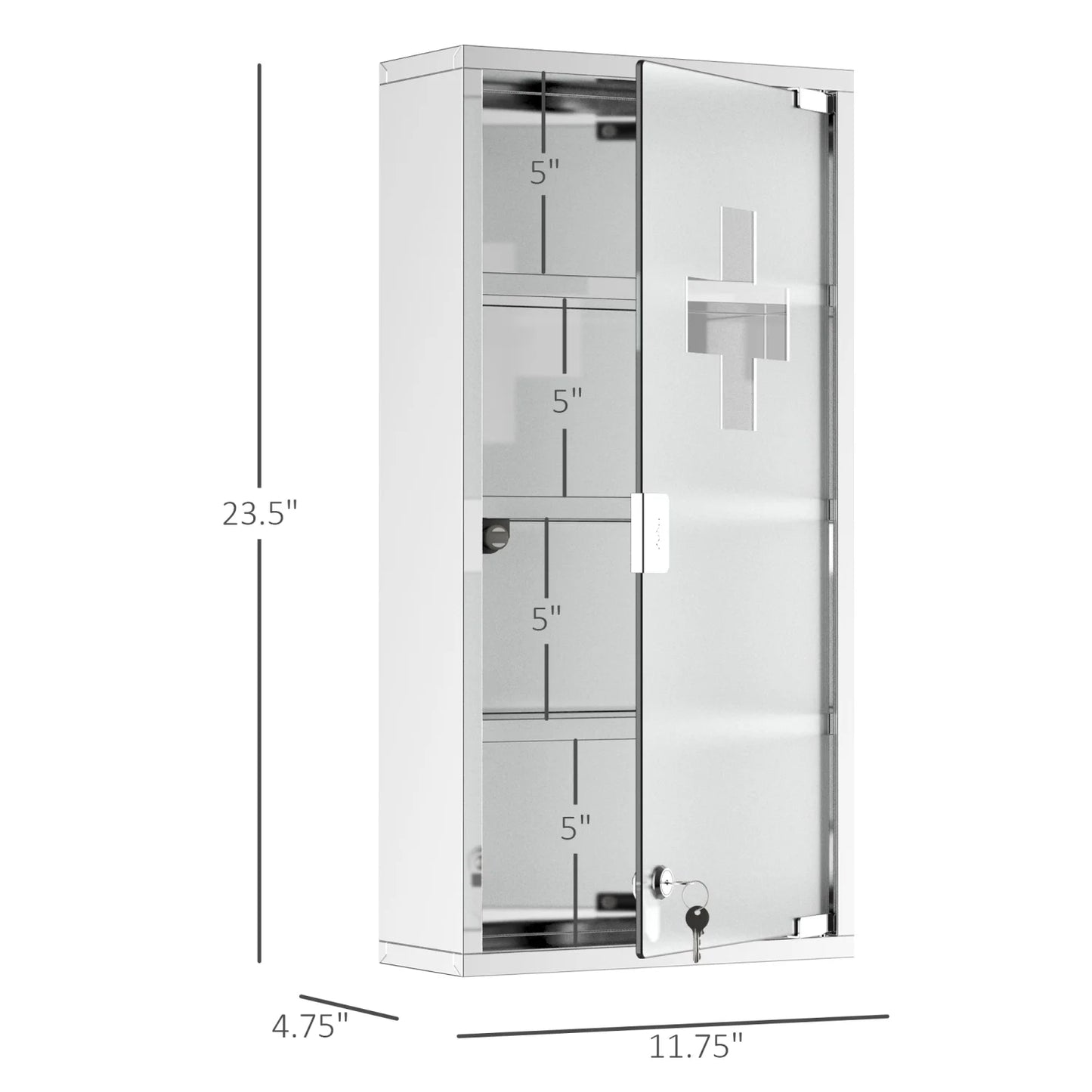 Wall Mounted Medicine Cabinet, with 4 Tier Shelves, Stainless Steel Frame and Glass Door