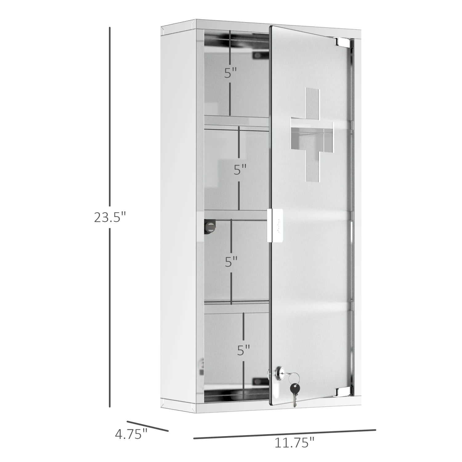 Wall Mounted Medicine Cabinet, with 4 Tier Shelves, Stainless Steel Frame and Glass Door