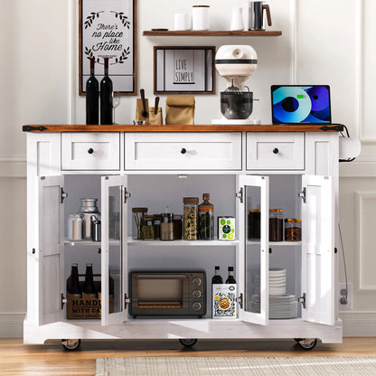 Euroco 53'' Farmhouse Kitchen Island with Two Tempered Glass Cabinet DoorsRolling Kitchen Cart on Wheels