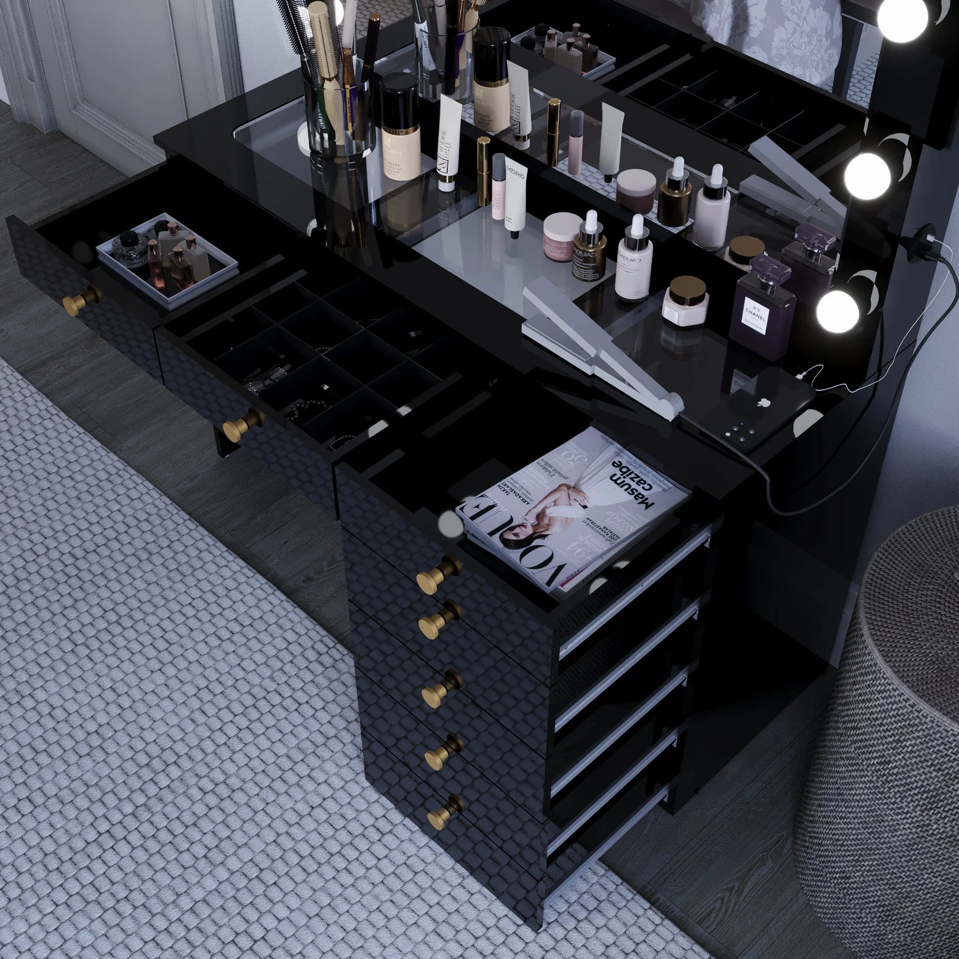 Ember Interiors Modern Large Greige Makeup Vanity Desk with Built-in Lights, Power Outlet with USB Type-C, Glass Top, 7 Drawers and Crystal Knobs