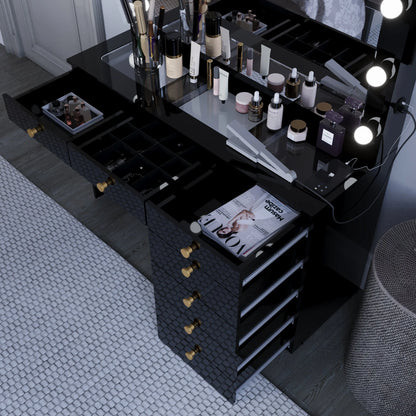 Ember Interiors Modern Large Greige Makeup Vanity Desk with Built-in Lights, Power Outlet with USB Type-C, Glass Top, 7 Drawers and Crystal Knobs