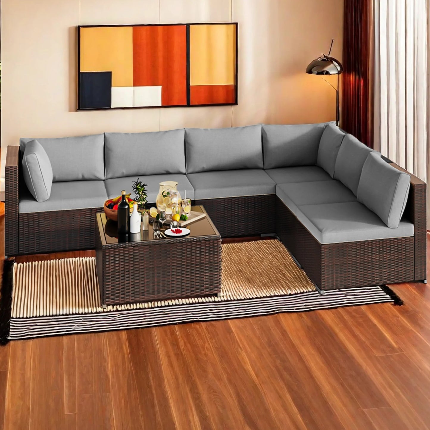 Patio Furniture Set Clearance Lofka Outdoor Sectional Furniture Sofa Set with Tempered Glass Table for Backyard, Garden & Poolside, Gray Cushions