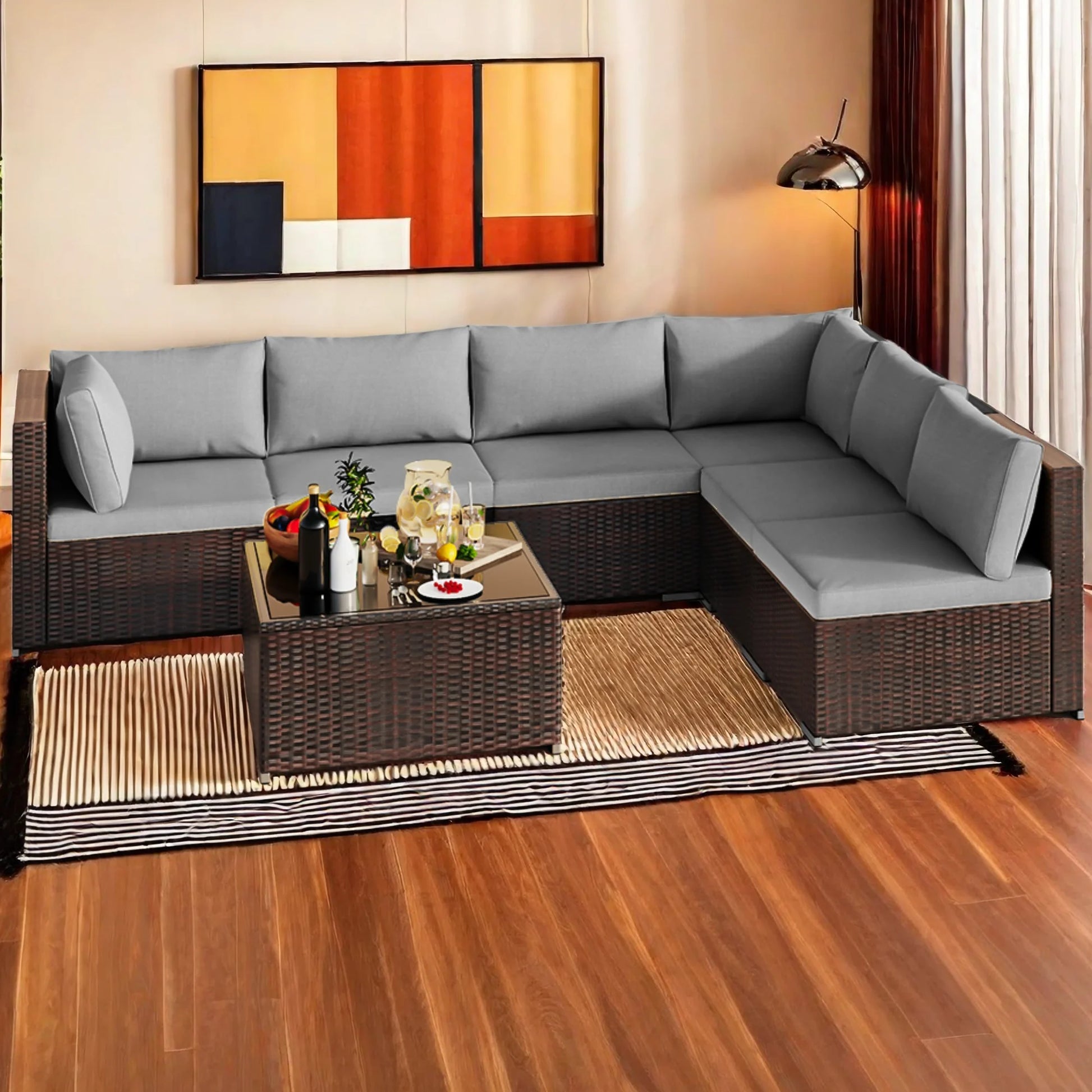 Patio Furniture Set Clearance Lofka Outdoor Sectional Furniture Sofa Set with Tempered Glass Table for Backyard, Garden & Poolside, Gray Cushions