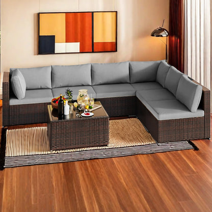 Patio Furniture Set Clearance Lofka Outdoor Sectional Furniture Sofa Set with Tempered Glass Table for Backyard, Garden & Poolside, Gray Cushions