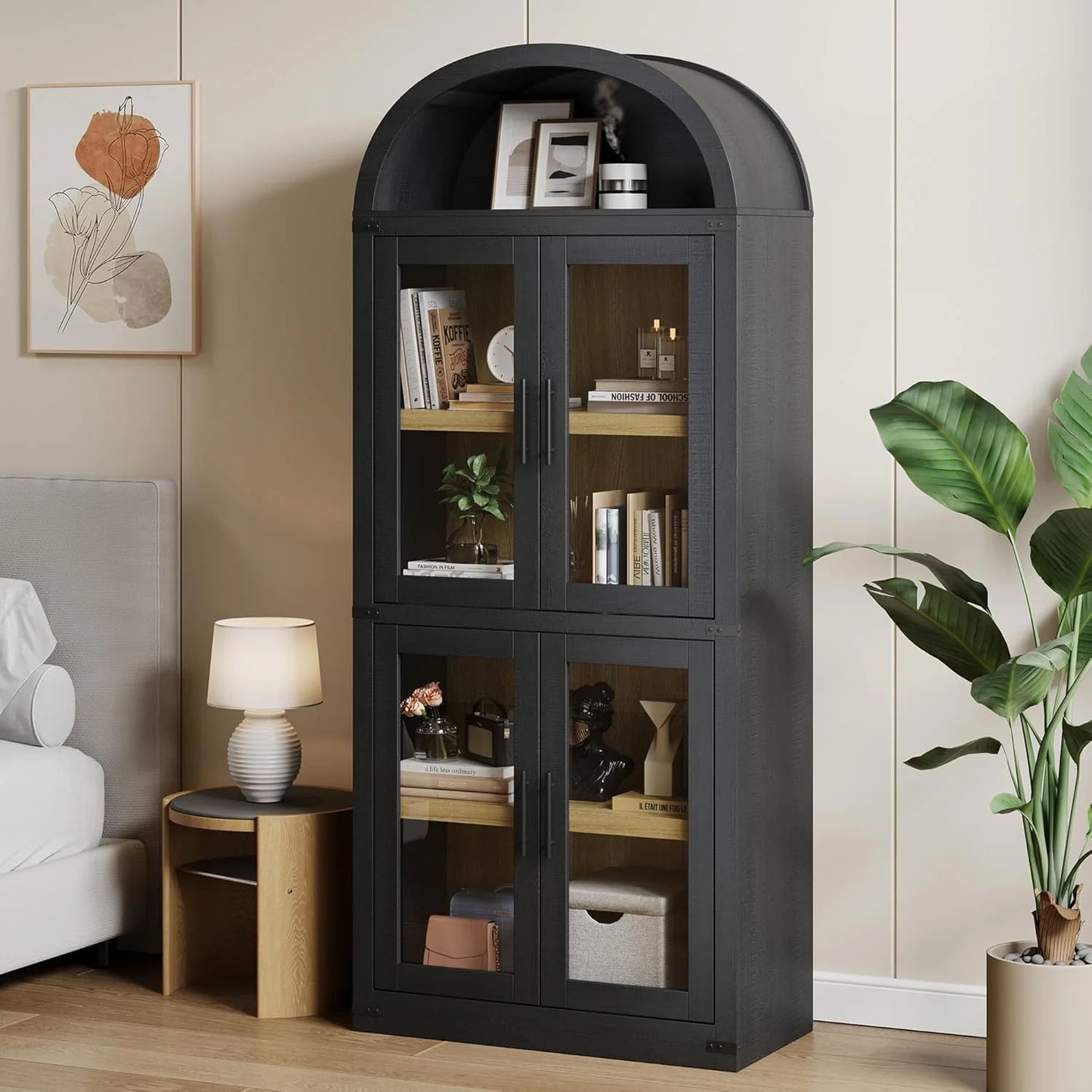 Arched Bookshelf with Glass Doors 71 Point Four Inches Tall Rustic Premium Wood Display Cabinet Glass Door Black