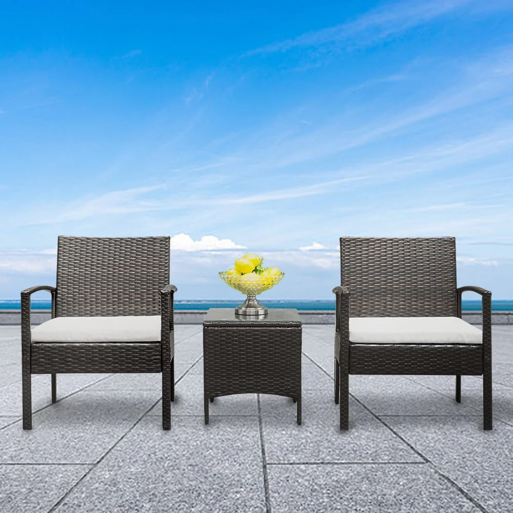 Zimtown 3 Pieces Patio Wicker Furniture, Outdoor Rattan Chat Set with Glass Table and Wicker Chairs, Brown Gradient