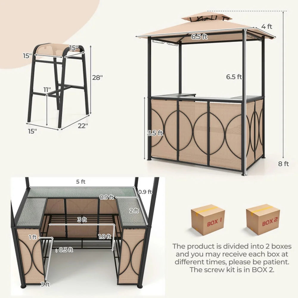 Spaco 3-Piece Patio Bar Set with A Heat-Resistant Tempered Glass Top, Grill Gazebo & 2 Bar Stools with Tempered Glass Bar Table, Bar Set for Outdoor, Brown