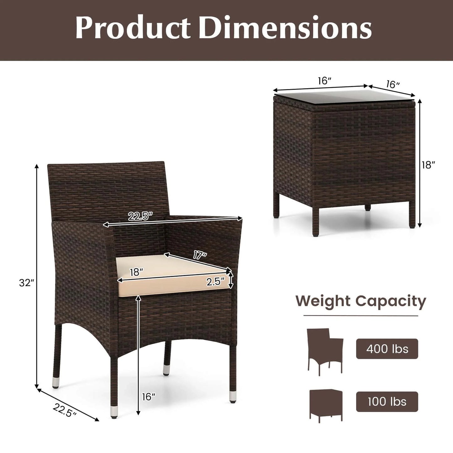 Costway 3 PCS Outdoor Conversation Set with Cushioned Seat & Tempered Glass Tabletop Beige