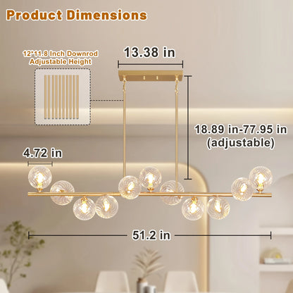 Lzawvm Dining Room Light Fixture with Swirled Glass Globe Linear Chandelier for Dining Room 11-Lights Pendant Lights Kitchen Island for Living Room Sputnik Gold 51inch