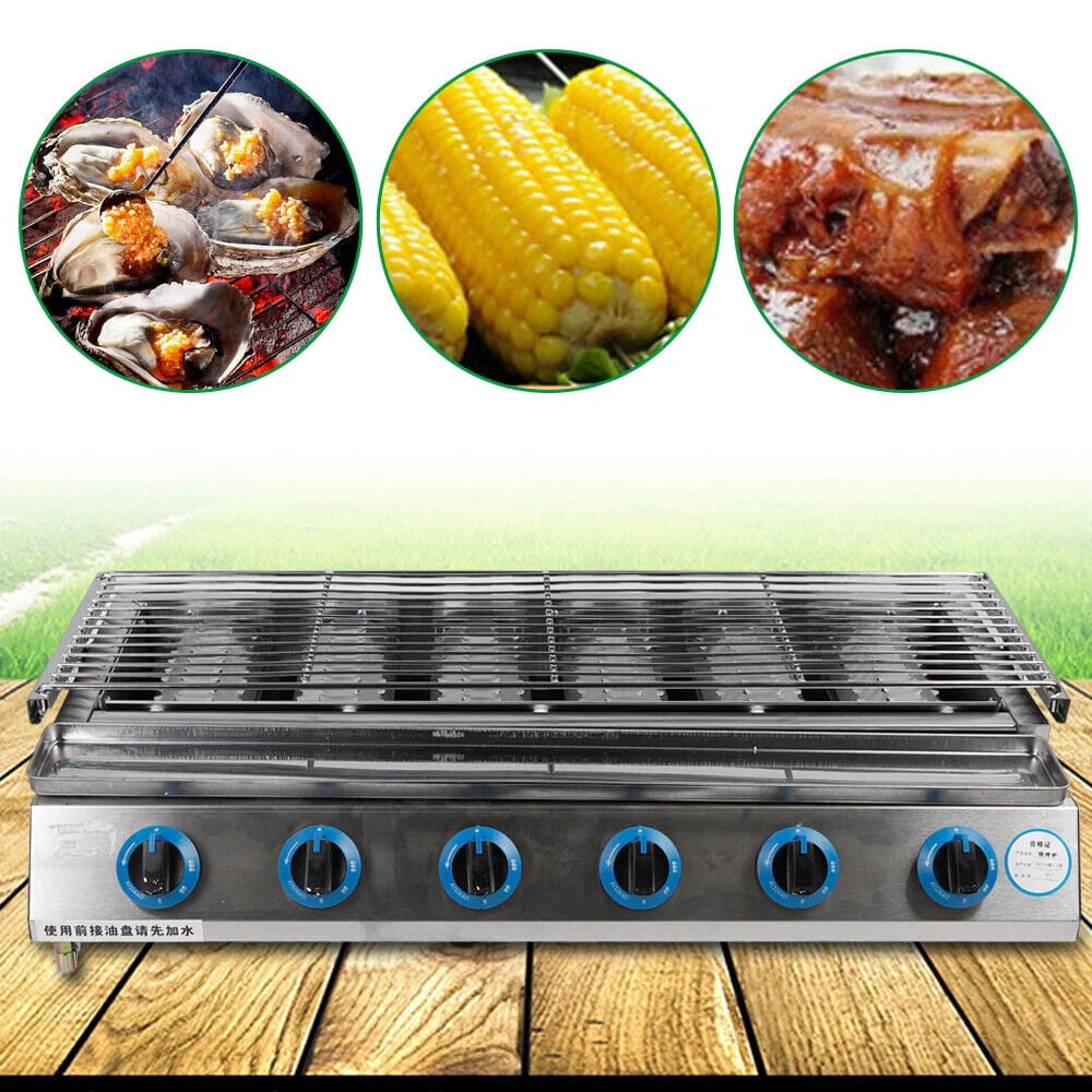 Commercial Gas LPG Grill 2800PA Outdoor BBQ Tabletop Cooker 6-Burner 6 Burners LPG Gas BBQ Grill Stainless Steel Smokeless Grill Glass Shield Outdoor