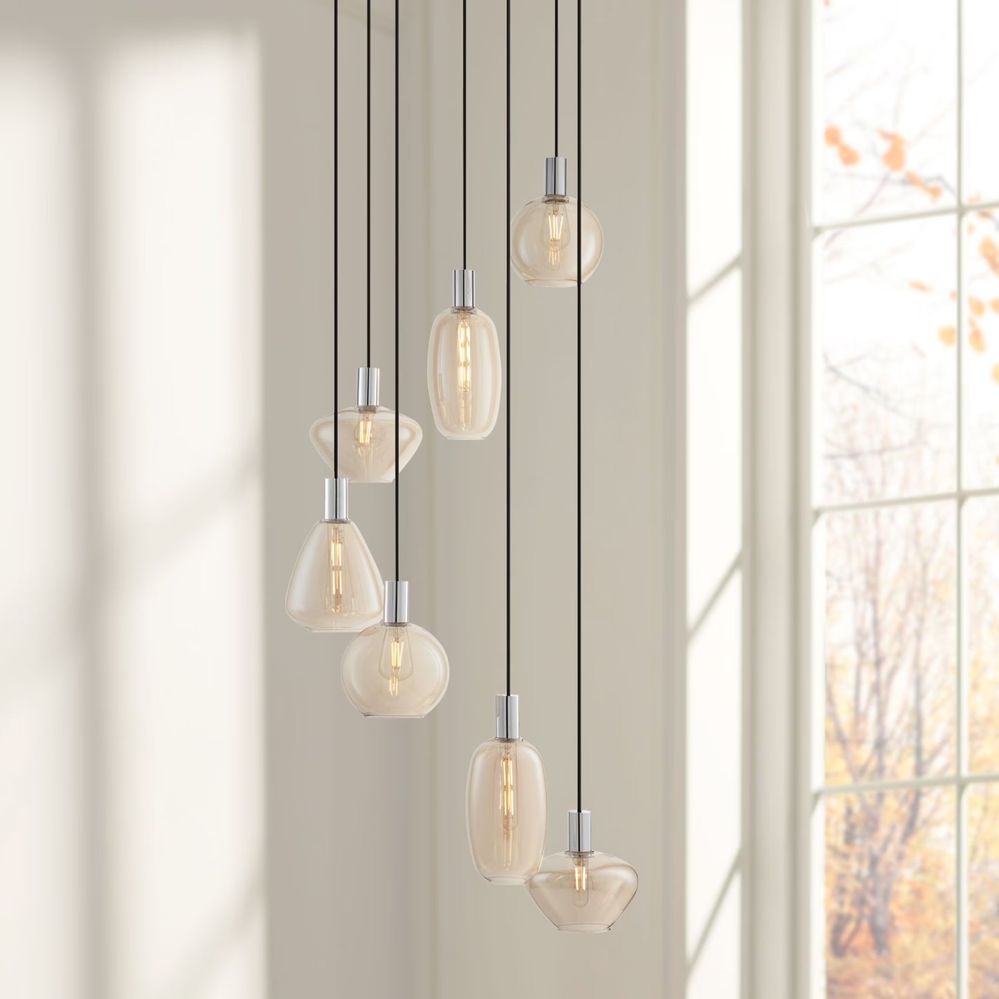 Possini Euro Design Myriad 23 3/4" Modern Pendant Chandelier Ceiling Light Fixture Dining Room Over Table 6-Light Chrome Finish Cognac Glass