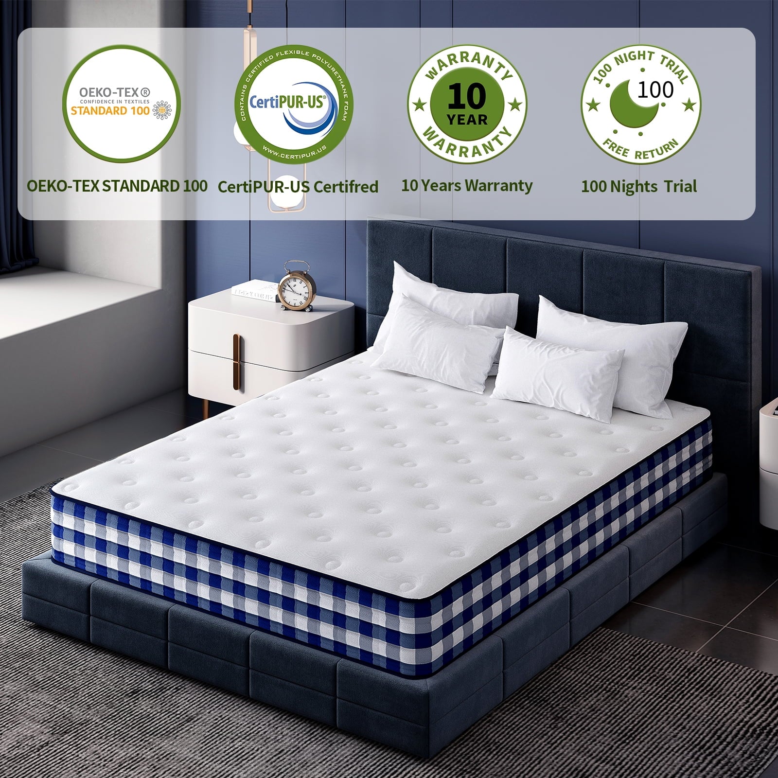 Pamag pieeoo 10 inch Queen Size Hybrid Mattress, Fiberglass free, Tight Top Medium Firm Feel,Mattress in a Box