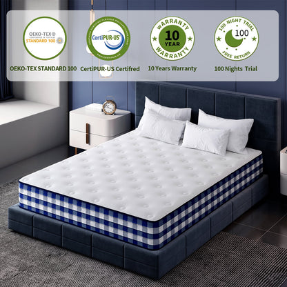 Pamag pieeoo 10 inch Queen Size Hybrid Mattress, Fiberglass free, Tight Top Medium Firm Feel,Mattress in a Box