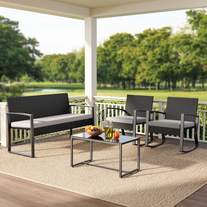 Patio Furniture Set for 4,Lofka 4 Pieces Patio Comversation Set with Outdoor Rocking Chairs,Rattan Loveseat,Glass Bistro Coffee Table,Removable Cushion for Backyard Balcony Lawn Pool,Gray
