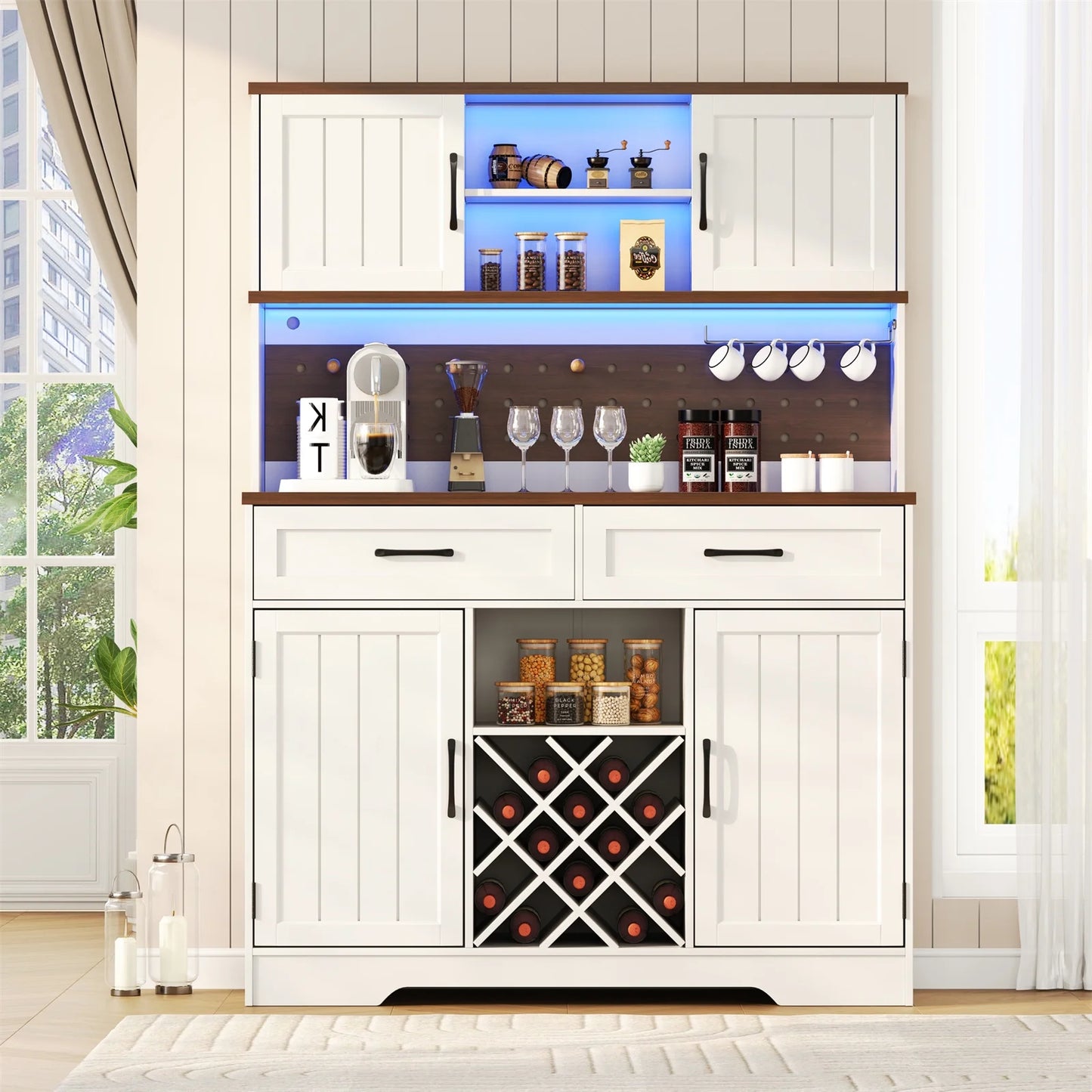 LAFGUR 72" Kitchen Storage Cabinet with Power Outlet & LED Light, Coffee Bar Cabinet with Drawers & Wine Glass Rack,Sideboard for Home,White