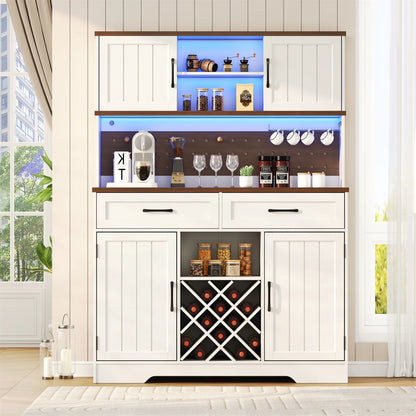 LAFGUR 72" Kitchen Storage Cabinet with Power Outlet & LED Light, Coffee Bar Cabinet with Drawers & Wine Glass Rack,Sideboard for Home,White