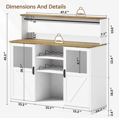 Vividwood Buffet Cabinet with Storage, 47'' Farmhouse Coffee Bar Cabinet with Wine Rack and Glass Goblet Holder, Bar Station Wood Kitchen Table for Dining Room, Living Room, White/Brown